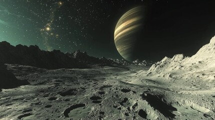 Wall Mural - a barren, rocky planet or moon, filled with massive craters, jagged rock formations, and a dark, sta