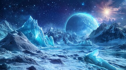 Wall Mural - a planet completely covered in ice, with huge glaciers and icy mountain peaks. the atmosphere is tin