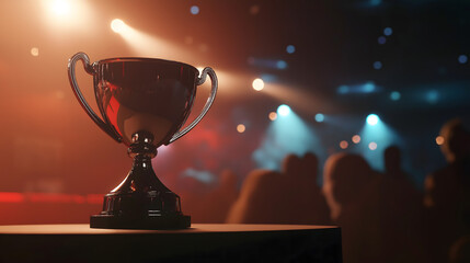 Close-up of a trophy cup on a podium with a shiny surface, blurred audience, and dramatic stage lights