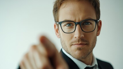 Wall Mural - Portrait of a happy businessman in eyeglasses pointing finger away over white background