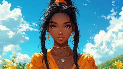 Wall Mural - Cartoon virtual anime avatar of black young woman with hair and jewelry