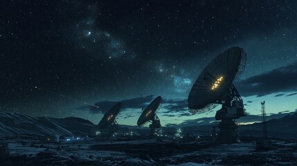 Wall Mural - deep space communications array : a large satellite dish array, sending and receiving signals from d