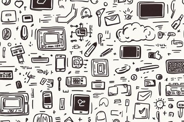 Poster - A collection of hand-drawn doodles featuring technology items, including smartphones, computers, and coding symbols, all in black on white. Generative AI