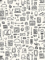 Poster - A collection of hand-drawn doodles featuring various technology items such as laptops, smartphones, coding symbols, and cloud icons. Generative AI
