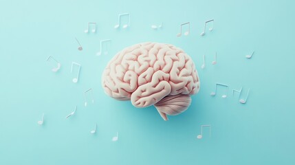 Poster - The image showcases a realistic human brain floating amid musical notes, set against a soft pastel blue background. Generative AI