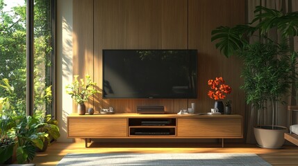 Wall Mural - Interior mock up living room. cabinet for TV or place object in modern living room with lamp,table,flower and plant. AI Generative.