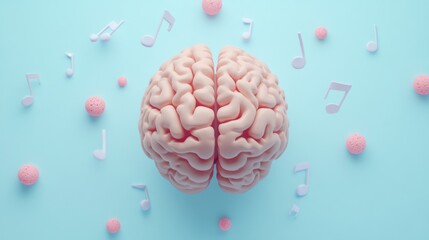 Poster - A human brain is surrounded by floating musical notes and pastel pink elements, showcasing the relationship between music and cognition. Generative AI