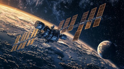 Wall Mural - solar powered space stations orbiting a distant planet