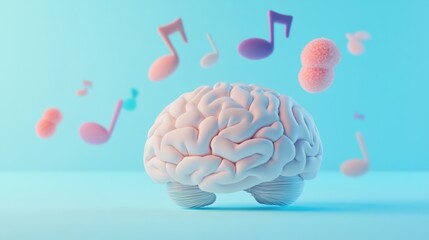 Poster - A colorful representation featuring a human brain with vibrant musical notes floating above it, set on a soft pastel blue background. Generative AI