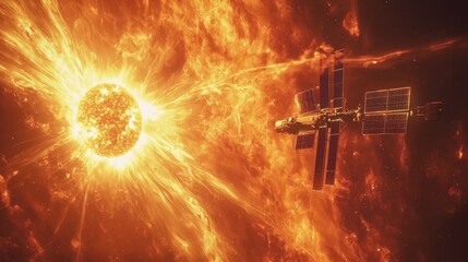 Wall Mural - solar storm observation from space : satellite observing a solar storm, with bright solar flares eru