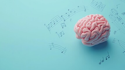 Poster - The visual features a human brain amidst flowing musical notes, highlighting the relationship between music and mental processes. Generative AI