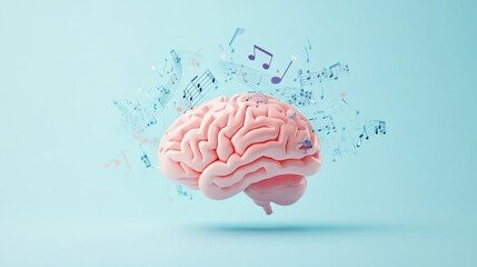 Poster - The artwork depicts a human brain immersed in swirling musical notes, highlighting the connection between music and cognitive processes. Generative AI
