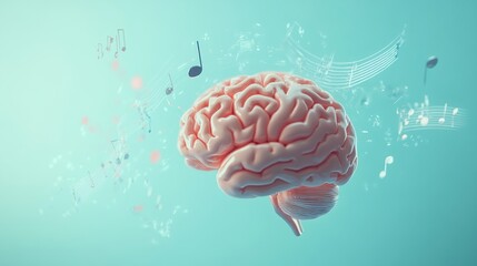 Poster - The human brain floats amidst swirling musical notes against a calming pastel blue backdrop, emphasizing the connection between music and thought. Generative AI