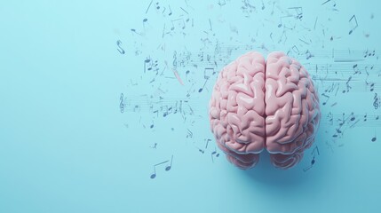 Poster - The artwork features a brain sending out musical notes, highlighting the link between music and cognition on a soft blue background. Generative AI
