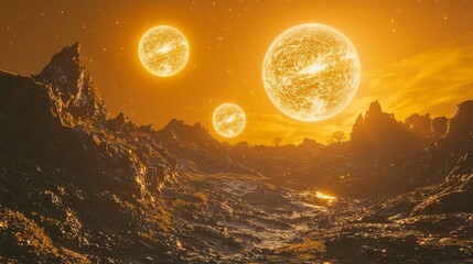 Exoplanet with Sun : A distant exoplanet with two or more suns in the sky, creating unique lighting effects on the planet surface