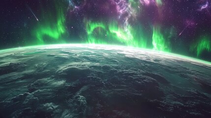 Wall Mural - aurora from space : a breathtaking view of an aurora borealis from space, with vibrant green and pur