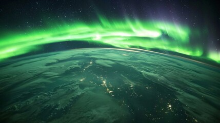 Wall Mural - aurora from space : a breathtaking view of an aurora borealis from space, with vibrant green and pur