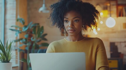 African American woman analyzing financial data on laptop screen