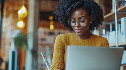 African American woman analyzing financial data on laptop screen