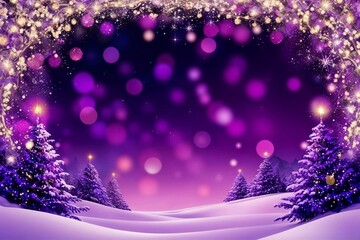 abstract christmas purple background with snow covered trees and shimmering lights