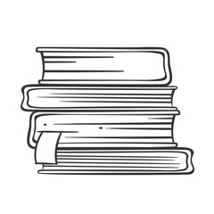 Vertical stack of books line icon. Outline hand drawn pile of paper hardcover science and fiction literature on bookshelf. Reading mascot, simple books with bookmark heap icon vector illustration