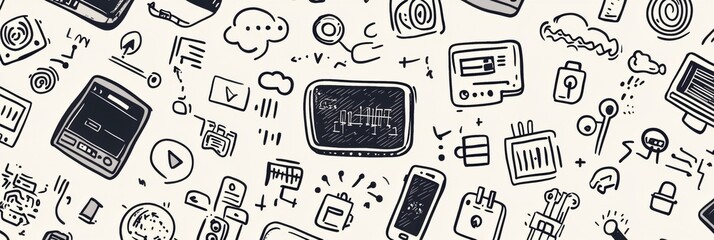 Aufkleber - A collection of hand-drawn doodles featuring various technology items like computers, smartphones, and coding symbols, showcasing digital innovation. Generative AI