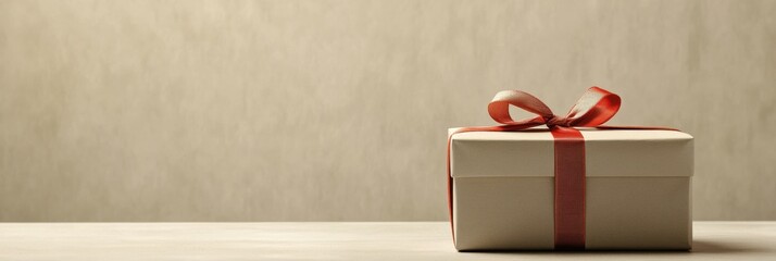 Aufkleber - This large gift box, adorned with neutral wrapping paper and a striking red ribbon, sits elegantly on a plain surface waiting to be opened. Generative AI