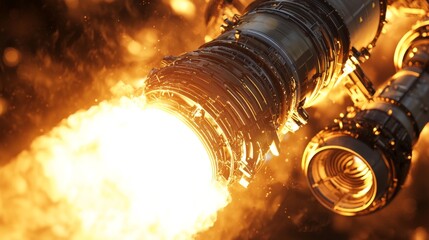 Wall Mural - rocket engine ignition : close-up of a powerful rocket engine during ignition, with flames and smoke