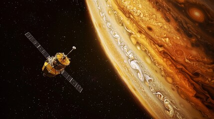 Wall Mural - spacecraft near jupiter : spacecraft approaching jupiter, with the planet swirling clouds and its fa