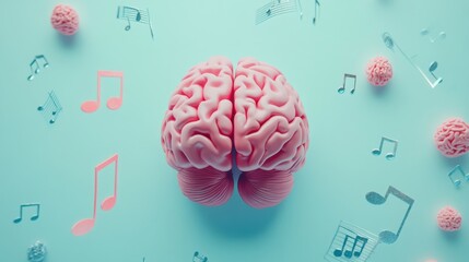 Poster - The artwork shows a pink brain on a pastel blue background with floating musical notes, blending music and neuroscience. Generative AI
