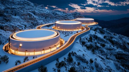 Aerial view of modern storage tanks on a snowy mountain landscape at sunset.