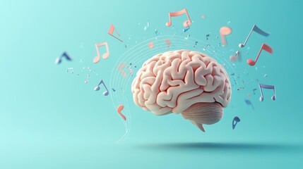 Poster - The artwork features a brain surrounded by floating musical notes on a calm pastel blue background, symbolizing sound and thought harmony. Generative AI