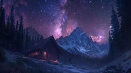 Wall Mural - The night sky with bright stars and galaxy bands above an isolated cabin, casting a magical light on the surroundings.