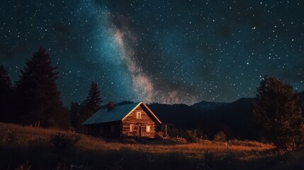 Wall Mural - The night sky with bright stars and galaxy bands above an isolated cabin, casting a magical light on the surroundings.