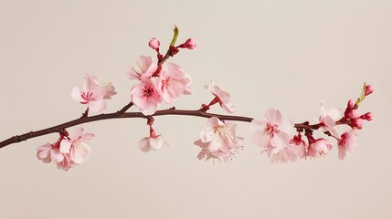 single branch of pink cherry blossom flowers isolated, copy space or text space