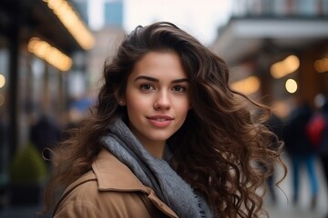 Portrait of a beautiful young woman with long curly hair in the city