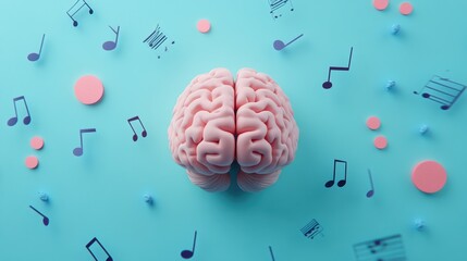 Poster - The artwork features a detailed human brain centerpiece, surrounded by colorful musical notes and shapes against a soothing pastel blue backdrop. Generative AI