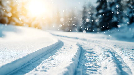 serene winter landscape with snow covered trails and soft sunlight