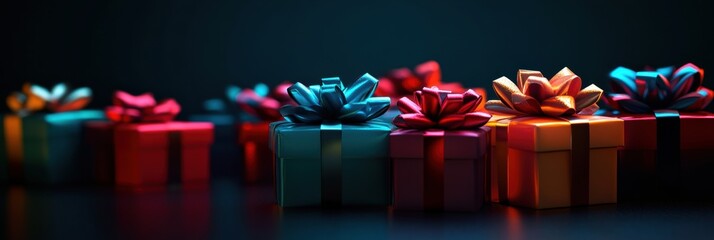 Various saturated gift boxes adorned with bright bows are artfully displayed, creating a festive atmosphere perfect for celebrations. Generative AI