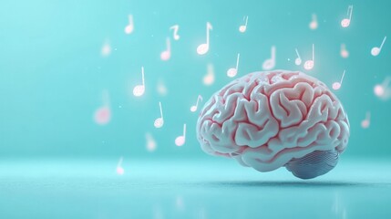 Poster - A creative representation of a human brain surrounded by floating musical notes, symbolizing the relationship between cognition and music. Generative AI