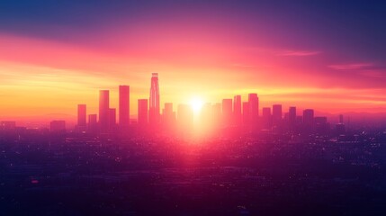 1980s urban scene, tall shimmering skyscrapers silhouetted by a vivid sunset, graffiti-covered walls below bursting with bright colors and bold shapes