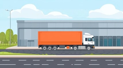 Cargo truck driving on a road with warehouse background, logistics concept