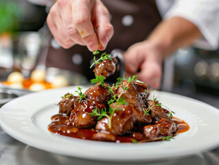 A chef plating France's national dish, coq au vin, with rich wine sauce and tender meat, garnished with fresh herbs, in a gourmet setting.