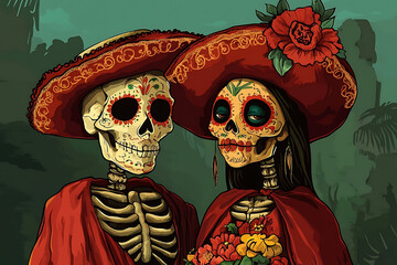 Two decorative skeletons in traditional attire, celebrating D?a de los Muertos.