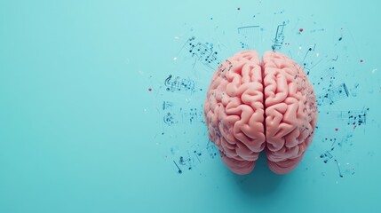 Poster - The artwork shows a brain with musical notes against a calming pastel blue, symbolizing creativity. Generative AI