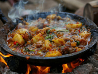 A close-up of a rare national dish from a remote mountain village, featuring locally sourced ingredients and ancient cooking techniques.