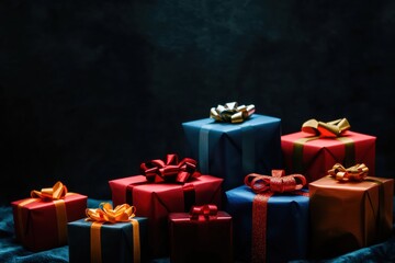 Poster - Colorful gift boxes adorned with shiny ribbons are beautifully arranged, creating an inviting festive atmosphere for celebrations. Generative AI