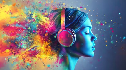 A woman with headphones on, with a burst of colorful paint exploding from her head.
