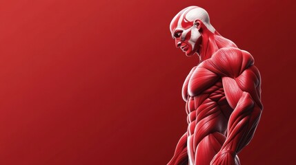 Leinwandbilder - A striking, detailed 3D rendering showcasing muscular anatomy with vivid red and white textures on a vibrant red backdrop. Generative AI