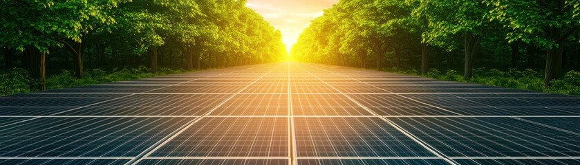 Solar panels in green landscape under a sunrise, promoting renewable energy.